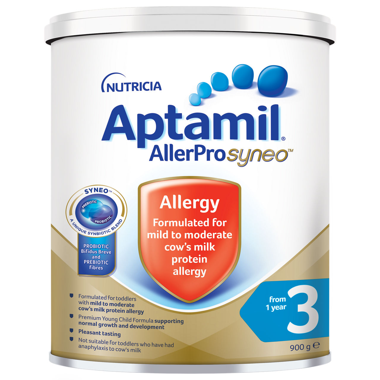 Aptamil AllerPro Syneo Stage 3 is a powdered toddler formula designed for children from one year old. The product is formulated for mild to moderate cow's milk protein allergy and features probiotic Bifidobacterium breve and prebiotic fibers. The packaging prominently displays the allergy information and the numeric value '900 g'. The container has a clean, clinical look with blue and gold accents.