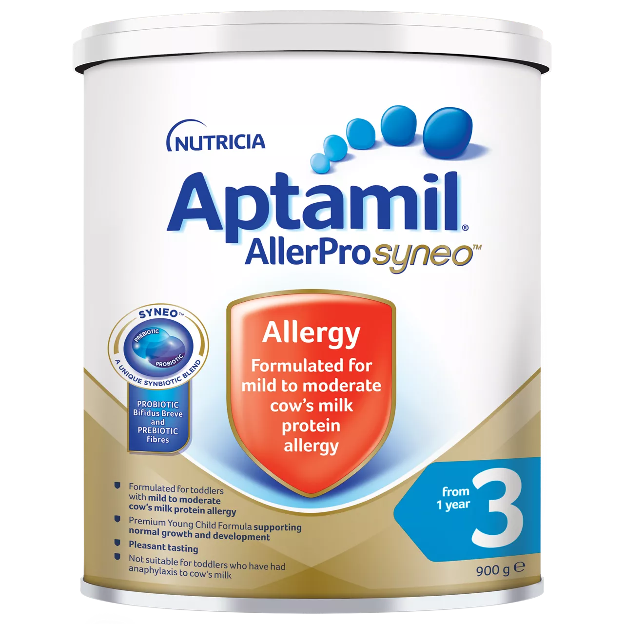 Aptamil AllerPro Syneo Stage 3 is a powdered toddler formula designed for children from one year old. The product is formulated for mild to moderate cow's milk protein allergy and features probiotic Bifidobacterium breve and prebiotic fibers. The packaging prominently displays the allergy information and the numeric value '900 g'. The container has a clean, clinical look with blue and gold accents.