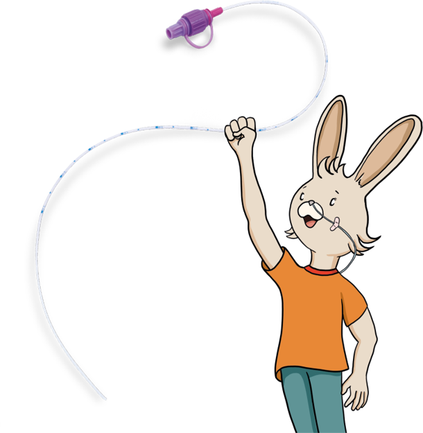 Ein gezeichneter Hase mit oranger Kleidung hält fröhlich eine nasale Ernährungssonde mit lila Anschluss in die Luft.