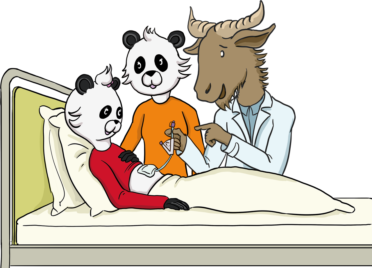 Ein als Arzt gezeichneter Ziegenbock erklärt zwei Panda-Kindern im Krankenhausbett eine Ernährungssonde.