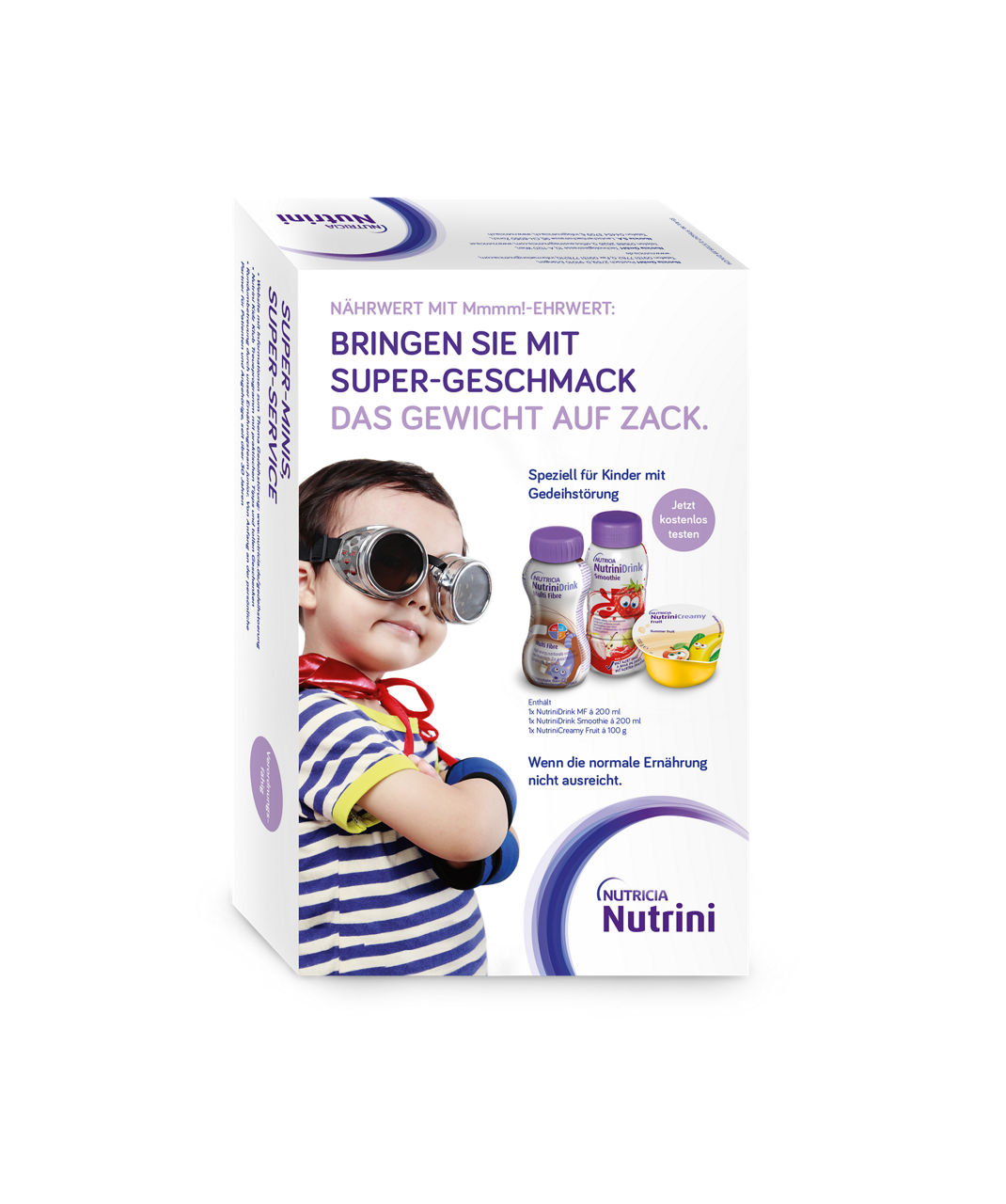 Ein Kind mit Fliegerbrille steht neben Nutricia Nutrinidrinks und Dessert, daneben Werbetext für Gedeihstörung bei Kindern.