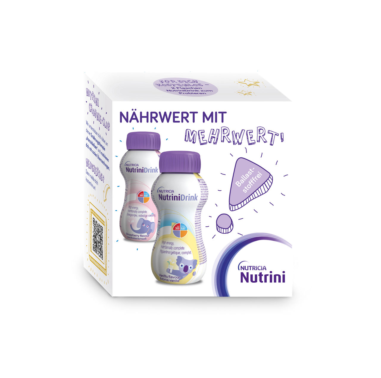 Zwei Nutricia Nutini NutriDrink Flaschen mit lila Deckeln stehen auf einer bunten Verpackung mit dem Slogan „Nährwert mit Mehrwert“.