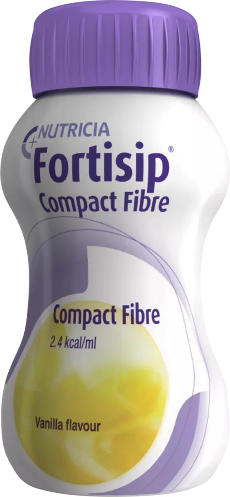 A Nutricia Fortisip Compact Fibre nutritional drink in vanilla flavor. The bottle features a purple cap and a white body with visible text, including '2.4 kcal/ml'. The design highlights a smooth and compact form, suitable for dietary supplementation.