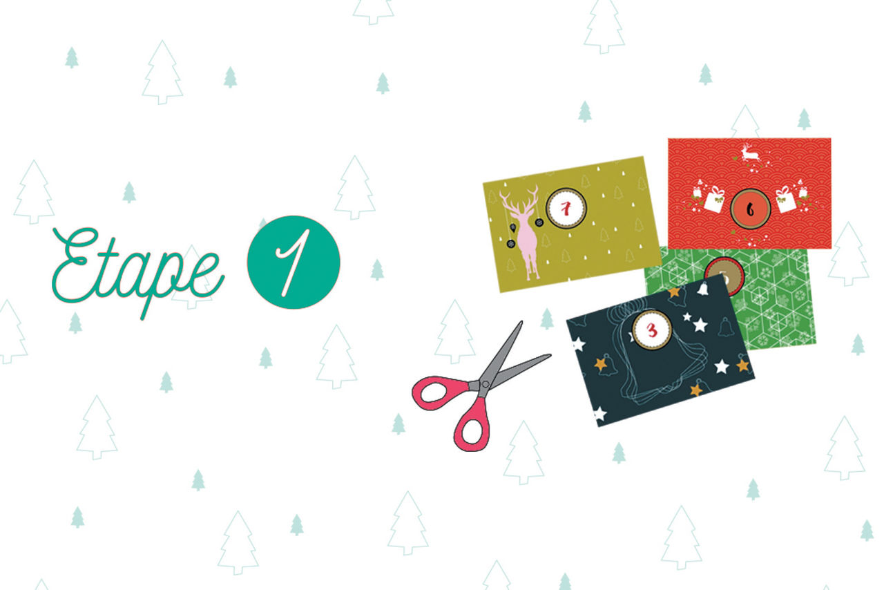 Un ensemble de cartes colorees sur le theme des fetes, avec des motifs festifs tels que des rennes, des cadeaux et des etoiles. Les cartes sont disposees sur un fond blanc avec des illustrations d'arbres, accompagnees de ciseaux. Le texte � Etape 1 � est affiche en vert, indiquant une etape d'un processus.