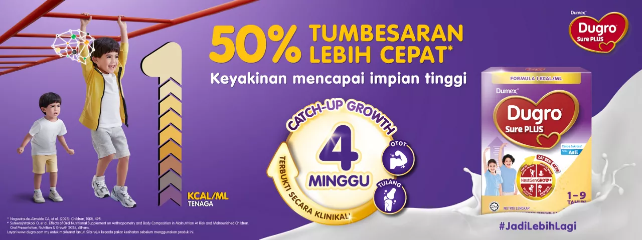The image features a box of Dugro Sure Plus milk powder, prominently displayed on the right side. Two young children, a boy and a girl, are shown playing on monkey bars, symbolizing active growth and development. Key visuals include bold text highlighting '50% Tumbesaran Lebih Cepat', '4 Minggu', and '1-9', emphasizing faster growth, a four-week period, and the age range. The overall mood is energetic and optimistic, with a bright yellow and purple palette.