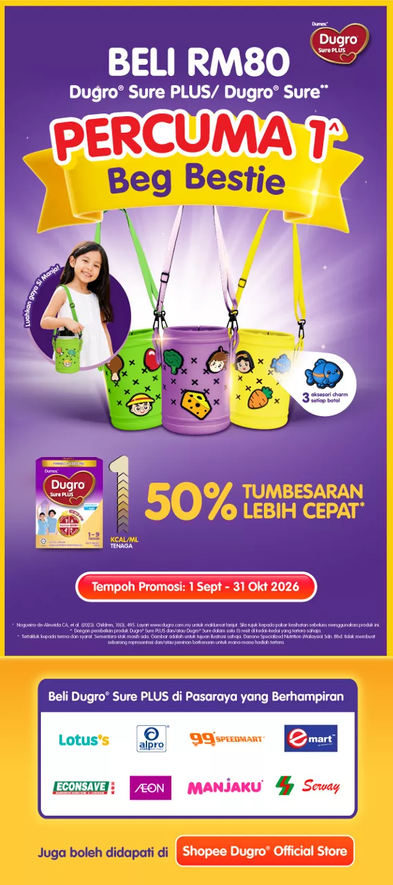 Vertical promotional banner for Dugro Sure PLUS and Dugro Sure milk powder. The design shows a smiling young girl standing beside colorful cartoon-themed sling bags offered as a free gift. Text highlights an offer for purchases of RM80 and claims "50% Tumbesaran Lebih Cepat" with a promotion period from 1 Sept to 31 Okt 2026. The background is bright purple and yellow with playful stars and character graphics, and supermarket partner logos are displayed at the bottom.