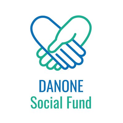 Danone Social Fund-logo met blauw-groene handen die samen een hart vormen.