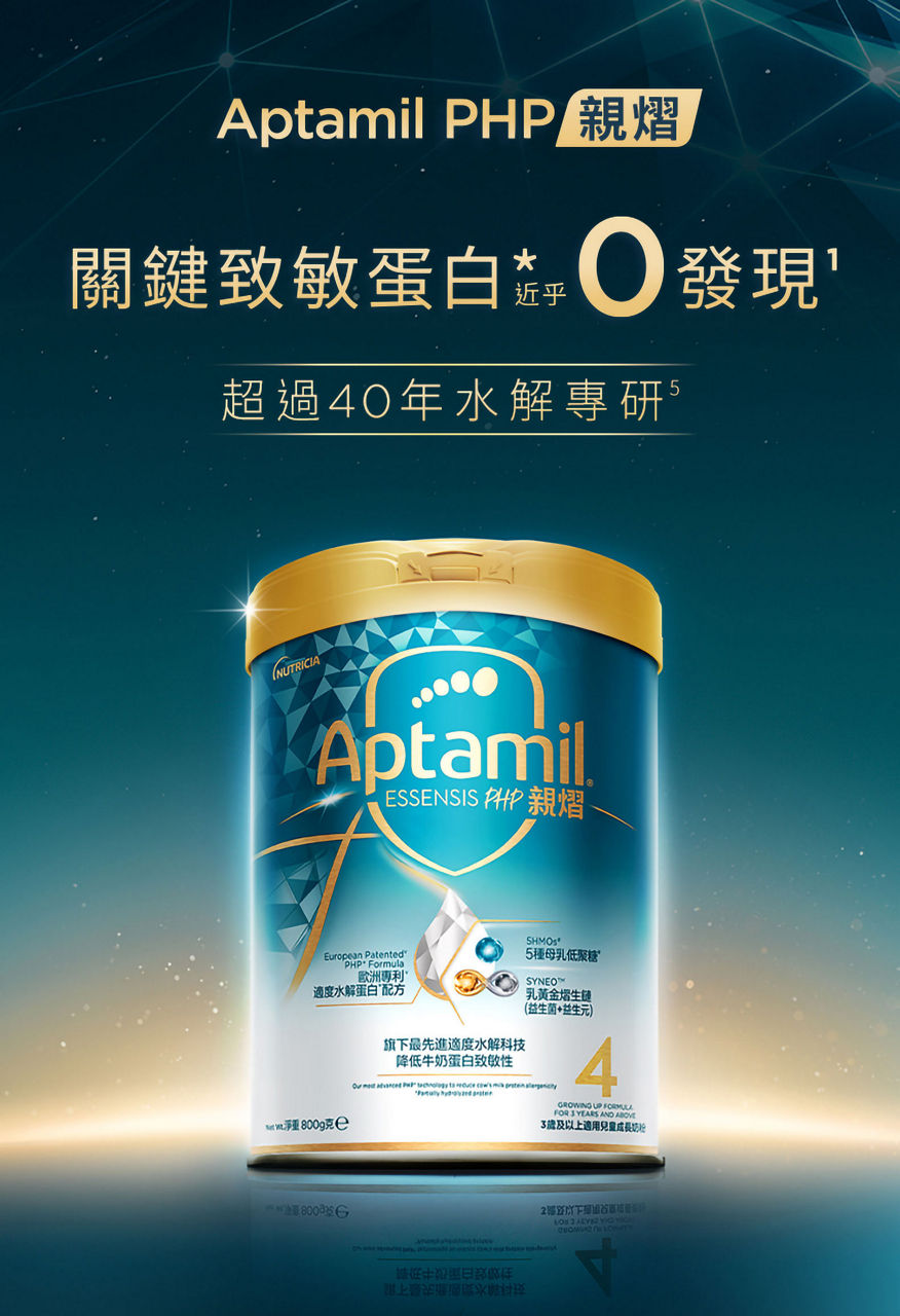 Aptamil PHP 親熠 關鍵致敏蛋白* 近乎0發現 超過40年水解專研