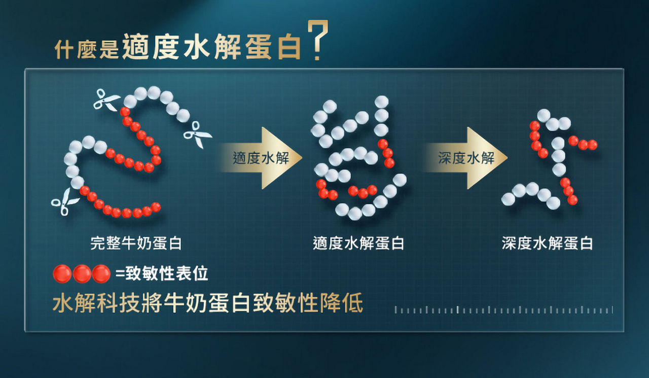 什麼是適度水解蛋白？完整牛奶蛋白（適度水解）適度水解蛋白（深度水解）深度水解蛋白；水解科技將牛奶蛋白致敏性降低