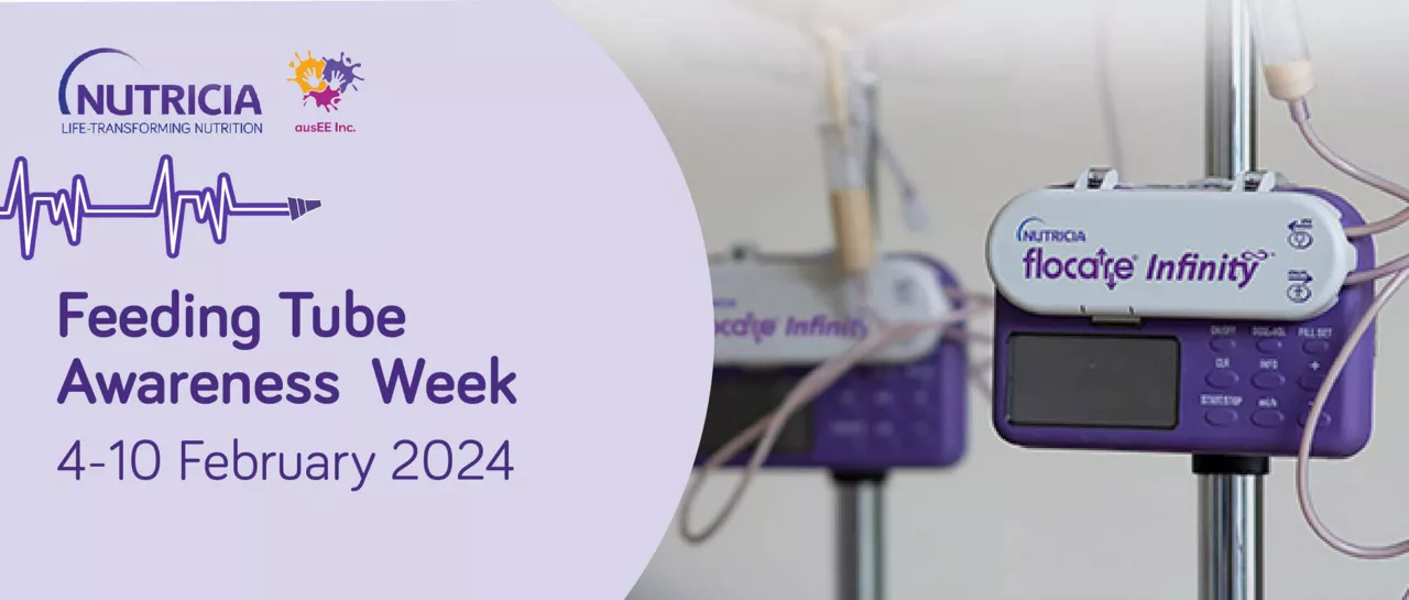 The image highlights Nutricia's Flocare Infinity feeding pump in a clinical setting, promoting Feeding Tube Awareness Week from 4–10 February 2024. The device is prominently displayed with visible branding and tubing connections. The event emphasizes the importance of nutrition and medical support for individuals requiring feeding tubes.
