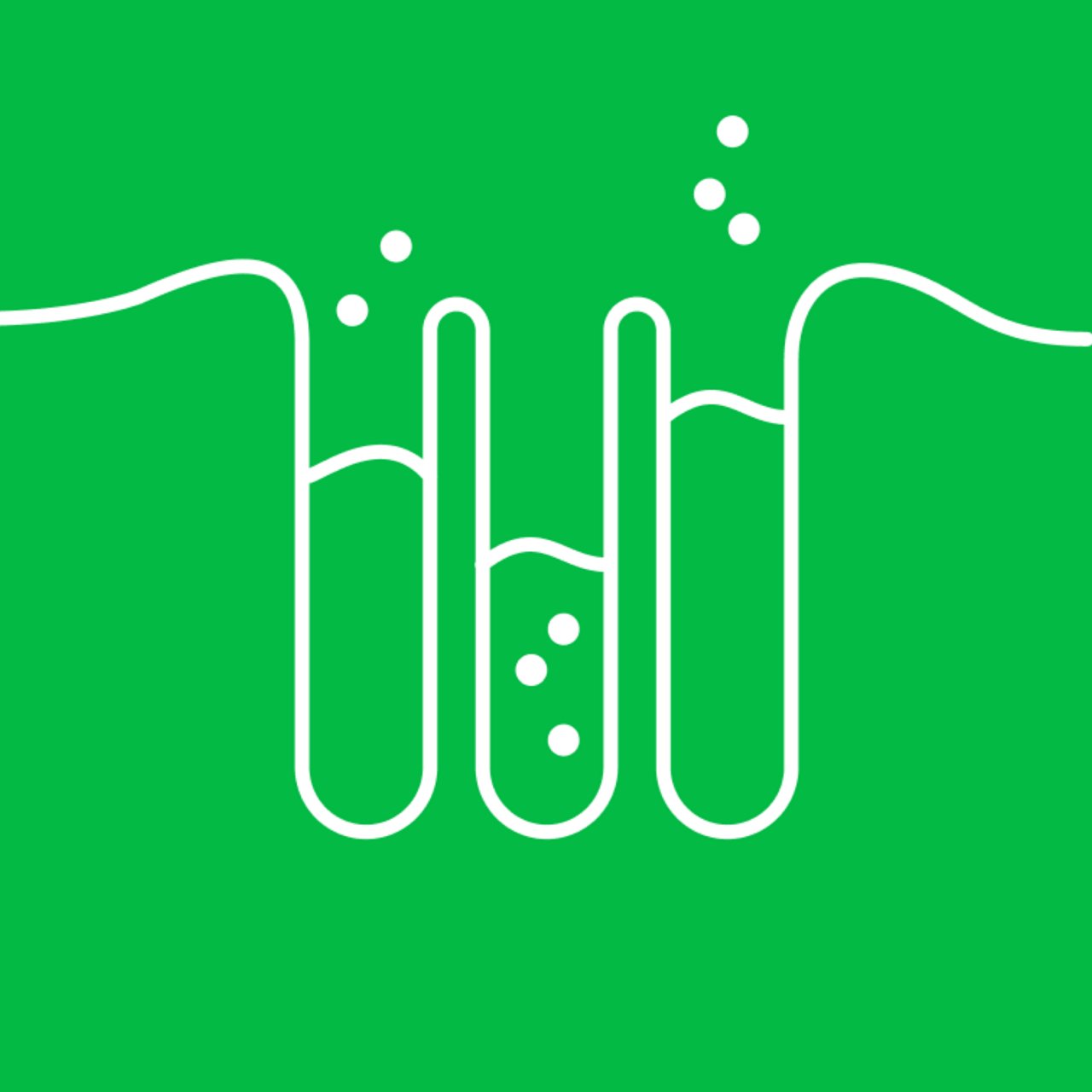Simple white line art depicts three laboratory test tubes against a bright green background. The central tube is partially filled, with small bubbles rising upward, suggesting a chemical reaction or experiment. The design is flat and minimal, emphasizing clean shapes and high contrast between the white illustration and solid green field. The overall composition feels modern and abstract, suitable for science or education themes.