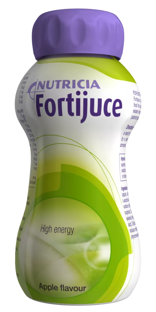 A Nutricia Fortijuce high-energy drink in apple flavour, packaged in a compact bottle with a purple cap. The design features green and white visuals with a modern, clean aesthetic. The text 'High energy' and 'Apple flavour' are clearly visible on the label.
