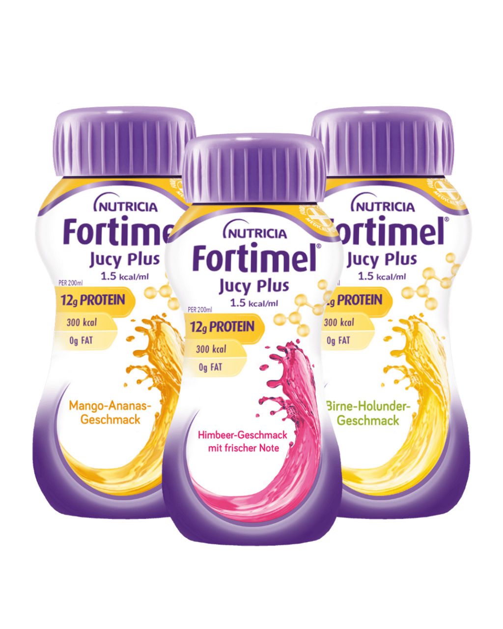 Drei Nutricia Fortimel Jucy Plus Flaschen in den Sorten Mango-Ananas, Himbeere und Birne-Holunder nebeneinander.