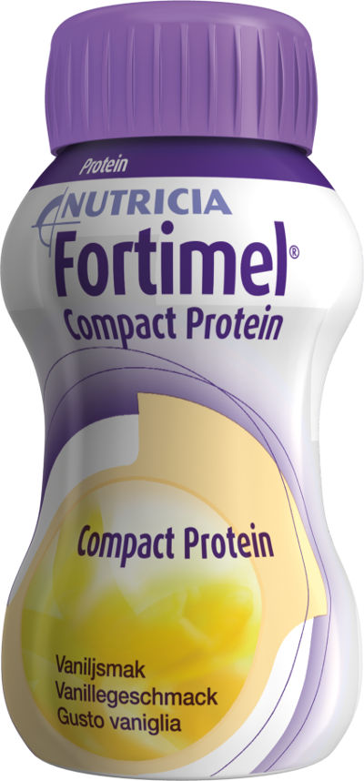Eine Flasche Danone Nutricia Fortimel Compact Protein mit Vanillegeschmack steht vor weißem Hintergrund.