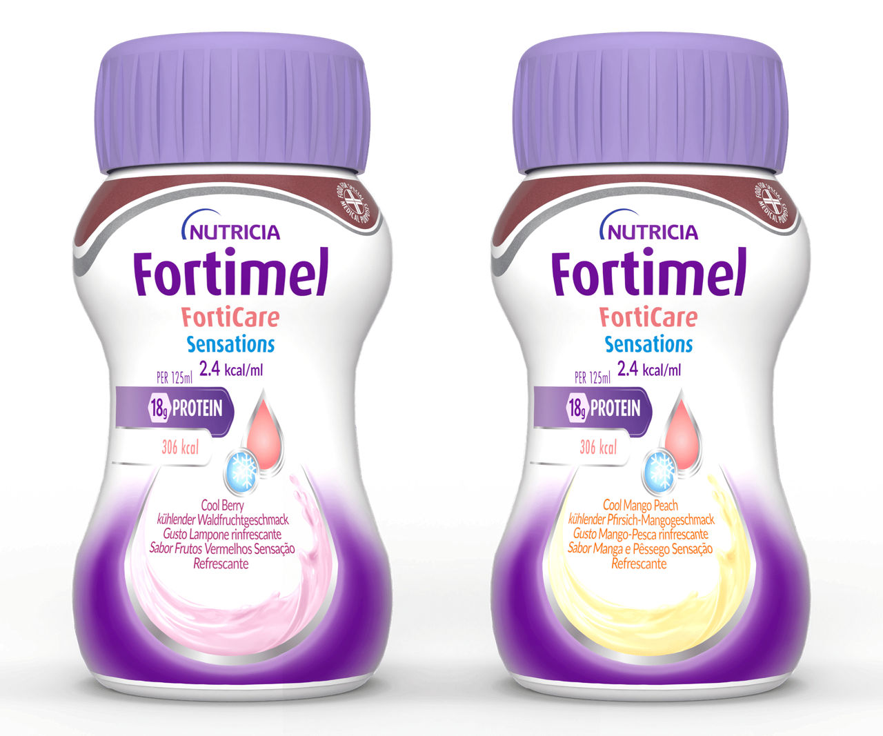 Zwei Nutricia Fortimel Flaschen in den Sorten Cool Berry und Mango-Peach mit lila Deckel und Nährwertangaben.