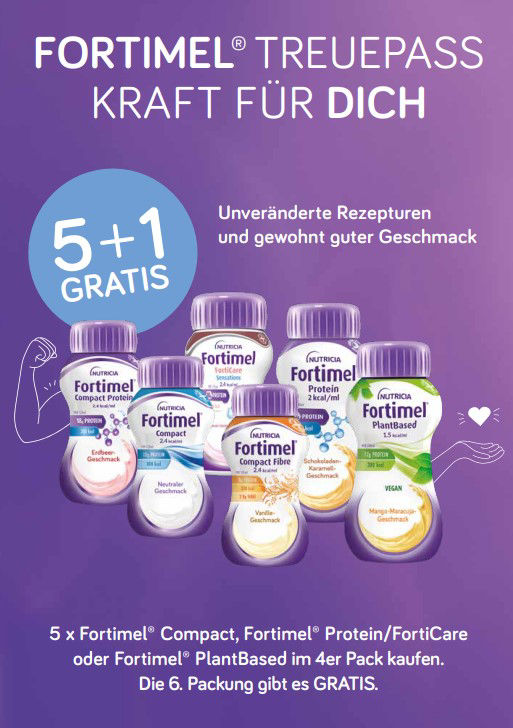 Sechs Fortimel-Getränke in verschiedenen Sorten mit Hinweis auf 5+1 Gratis-Aktion und Text zu unveränderter Rezeptur.