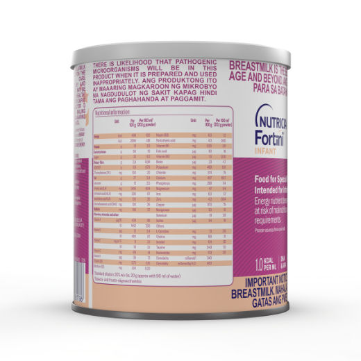 Side view of Fortini Infant Formula Energy Nutrient Dense Feed powder for infants up to 18 months in a 400 gram tin with nutritional information