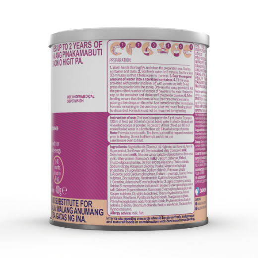 Side view of Fortini Infant Formula Energy Nutrient Dense Feed powder for infants up to 18 months in a 400 gram tin with ingredients and preparation instructions