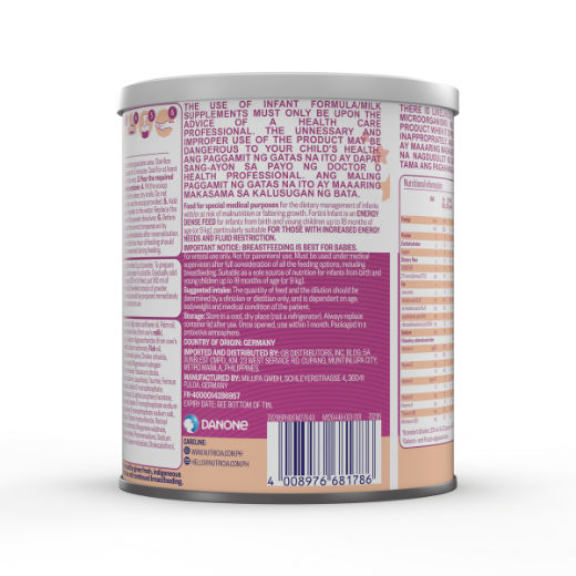 Side view of Fortini Infant Formula Energy Nutrient Dense Feed powder for infants up to 18 months in a 400 gram tin with manufacturer details