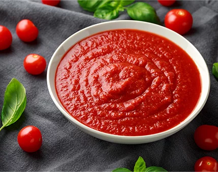 A bowl of vibrant red tomato sauce is presented on a dark textured cloth, surrounded by fresh cherry tomatoes and basil leaves. The smooth texture of the sauce is highlighted, creating a rich and appetizing visual. The setting evokes a rustic and natural culinary atmosphere, ideal for Italian-inspired dishes.