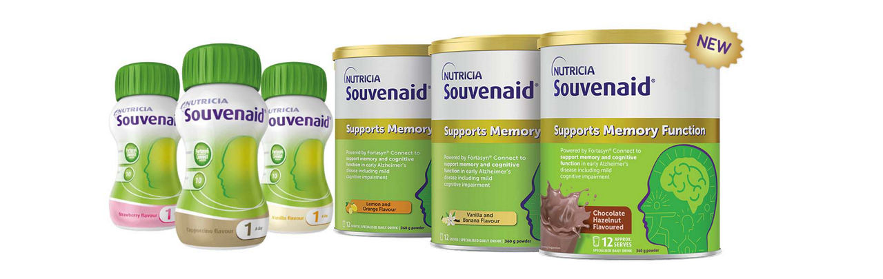 Bottles of Souvenaid liquid and Souvenaid powder tins 