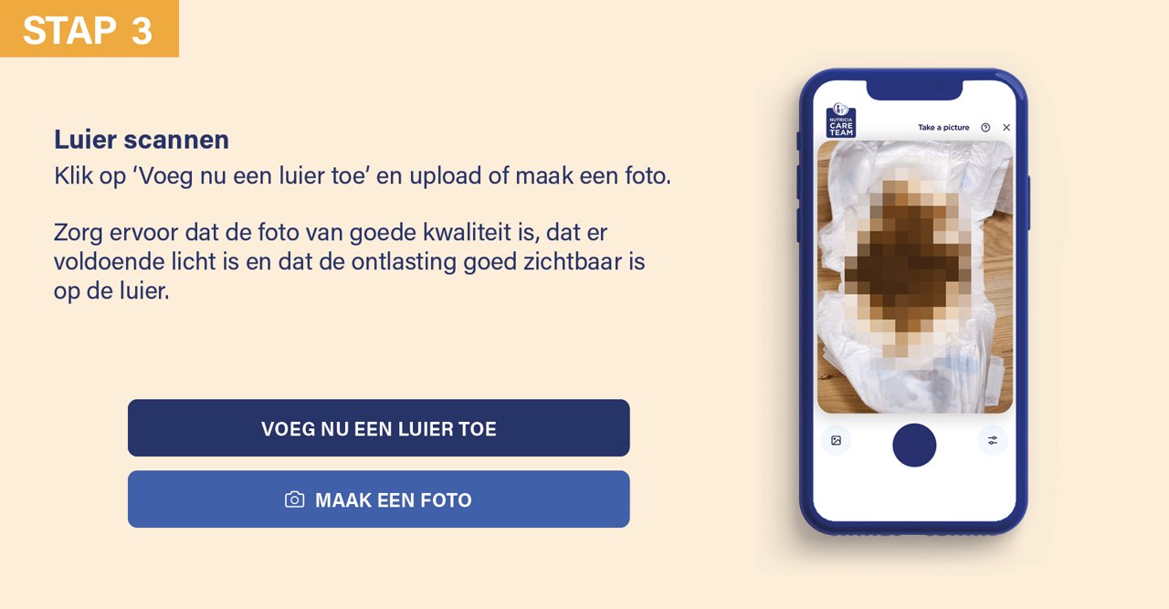 Upload of maak een foto van een luier om de stoelgang van de baby te analyseren en gepersonaliseerde resultaten te ontvangen.