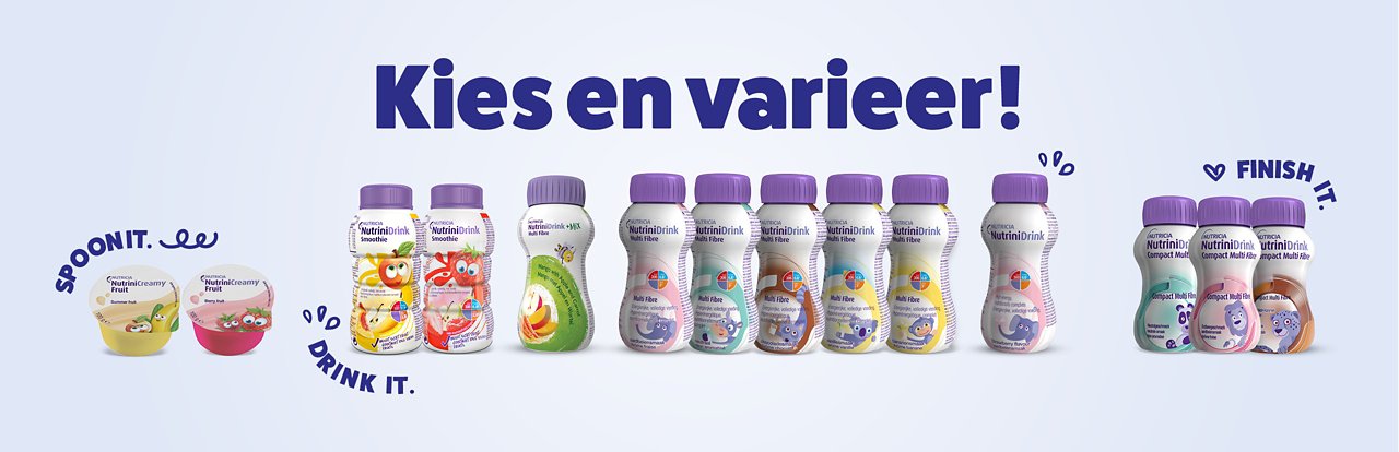Nutrinidrink drinkvoeding assortiment voor kinderen in verschillende smaken en vormen