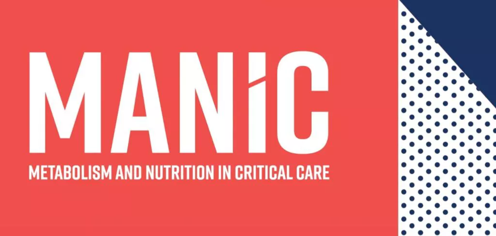 A promotional banner featuring the text 'MANIC' in bold white typography on a red background. Below, the phrase 'Metabolism and Nutrition in Critical Care' is displayed in smaller white text. The design includes a polka-dot pattern on the right side with a navy-blue triangular accent.