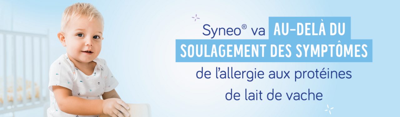 Header Syneo avec texte ''Syneo va au dela du soulagement des sympt^omes de l'allergie aux proteines de lait de vache''