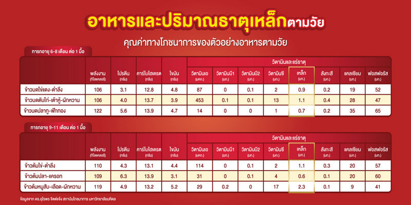 ตัวอย่างปริมาณแร่ธาตุในอาหารชนิดต่างๆ ตามวัย