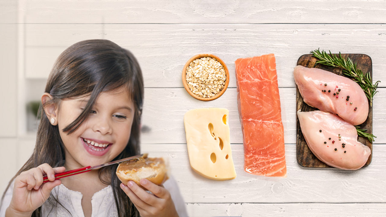 Ingredientes para una dieta saludable para niños como pollo, salmon, cereales, queso