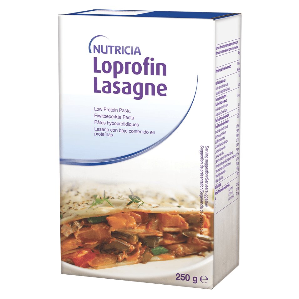 A box of Nutricia Loprofin Lasagne, a low-protein pasta product. The packaging features a clear image of lasagne with vegetables, emphasizing its dietary suitability. Visible text includes '250 g' and multilingual descriptions of the product's low-protein nature.