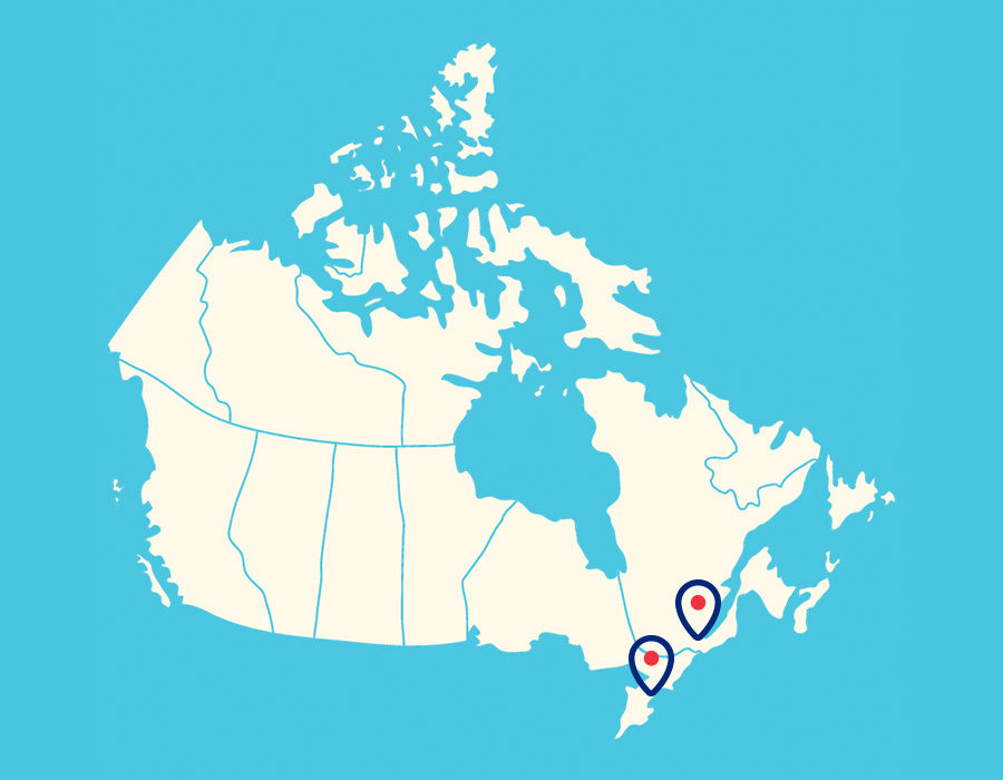 A map of Canada highlighting Danone Canada's office locations in Quebec and Ontario.