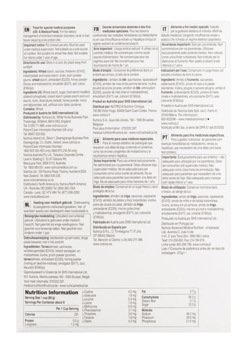 A detailed product label featuring multilingual text in English, French, Italian, Spanish, and Portuguese. The label includes nutritional information such as calories, fat, and carbohydrates per serving. The layout is clean and organized, with visible numeric values like '112 kcal' and '4.7 g fat'. The design is minimalistic, focusing on clarity and readability.