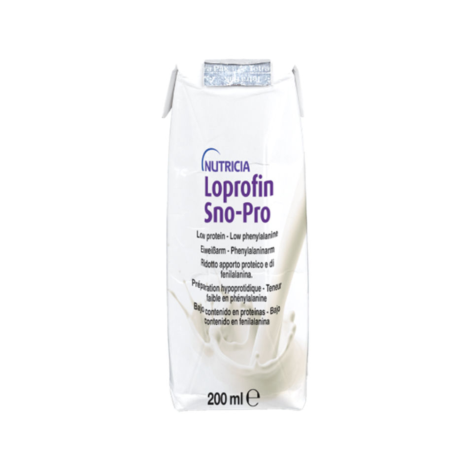 A white carton of Nutricia Loprofin Sno-Pro, a low-protein and low-phenylalanine drink. The packaging prominently displays the product name and nutritional details in multiple languages. The volume of the carton is clearly marked as 200 ml, with a clean and minimalistic design.