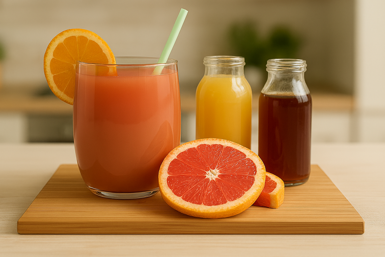 Smiling couple in a kitchen preparing a smoothie using a blender, surrounded by vegetables.