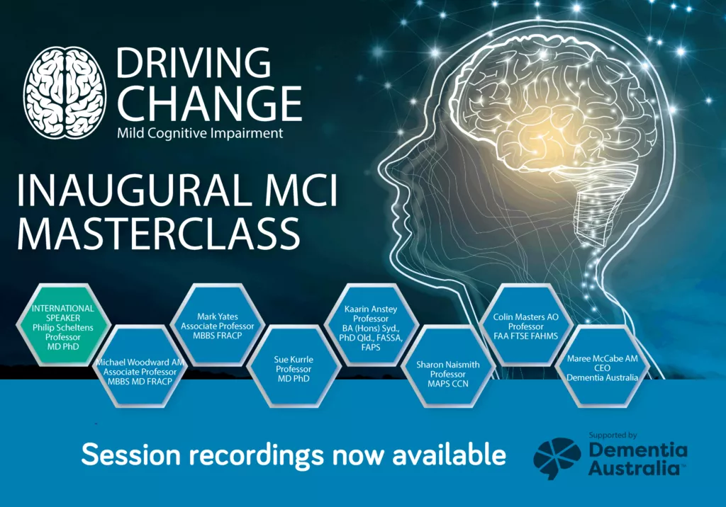 Promotional graphic for the inaugural MCI Masterclass focused on mild cognitive impairment. Features a brain illustration with glowing neural pathways and hexagonal panels showcasing speaker names and titles. Includes visible text such as 'Session recordings now available' and 'Supported by Dementia Australia'.