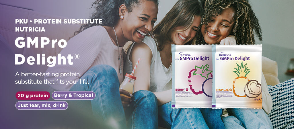 Three young women sit closely together on a couch, smiling and enjoying a drink, with Nutricia GMPro Delight protein substitute packs displayed in the foreground. The design highlights berry and tropical flavors with illustrated fruit graphics on the sachets. Text on the left promotes GMPro Delight as a better-tasting protein substitute for people with PKU, featuring a purple and pink gradient background. A callout emphasizes "20 g protein" and the simple preparation message "Just tear, mix, drink." The overall mood is warm, friendly, and reassuring, focusing on lifestyle and nutritional support.