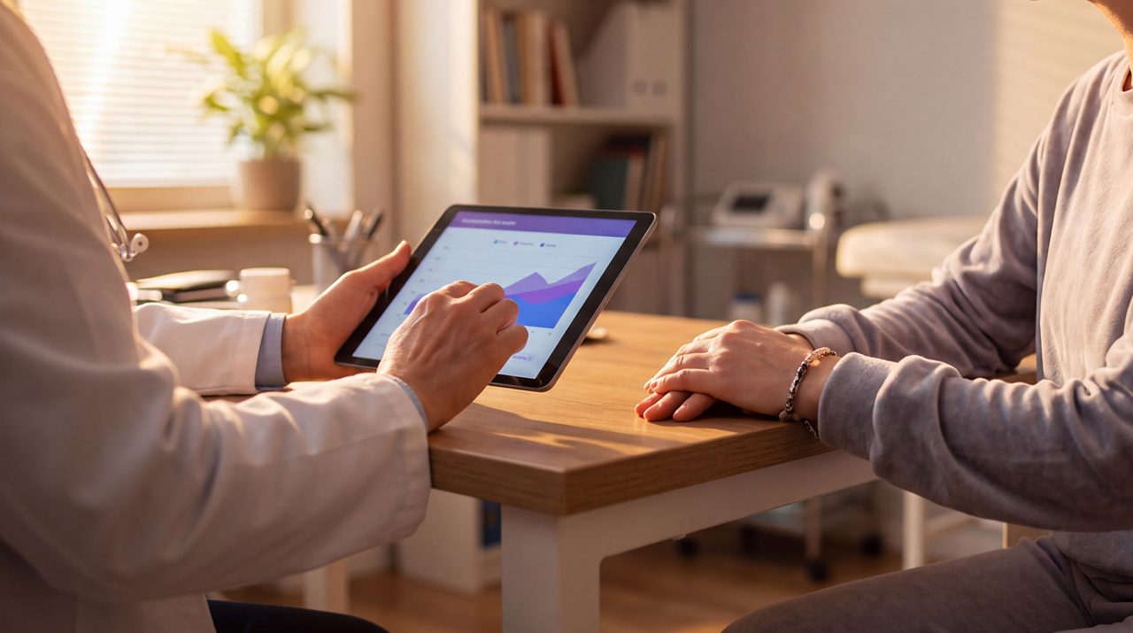 AI generated image of doctor abd male cancer patient reviewing data on a tablet device.