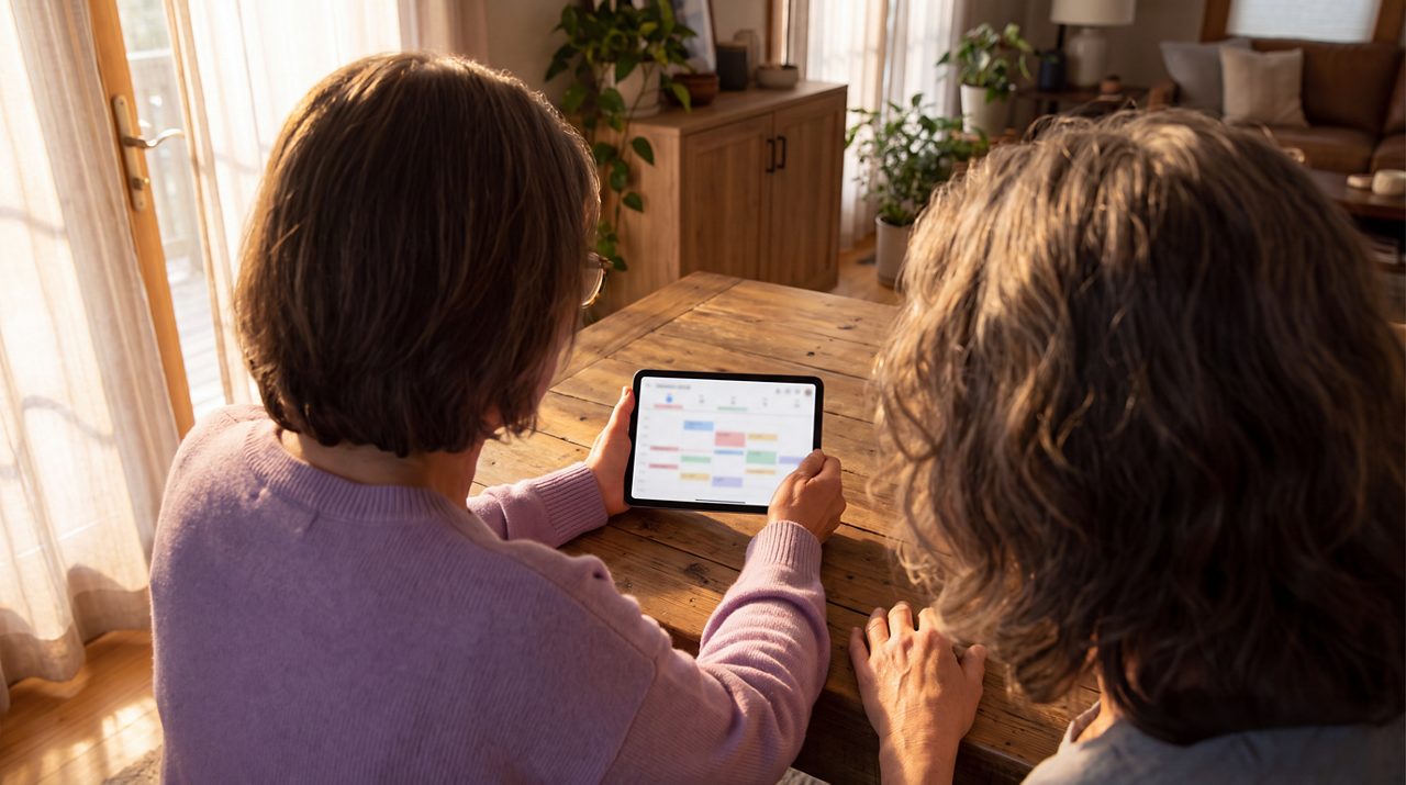 AI generated image of two females reviewing a schedule on a tablet device.