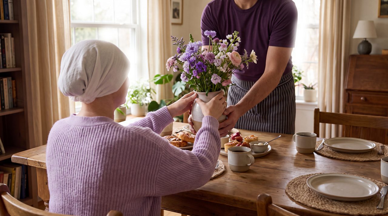 AI generated image of female cancer patient arranging a vase of flowers at the kitchen table.