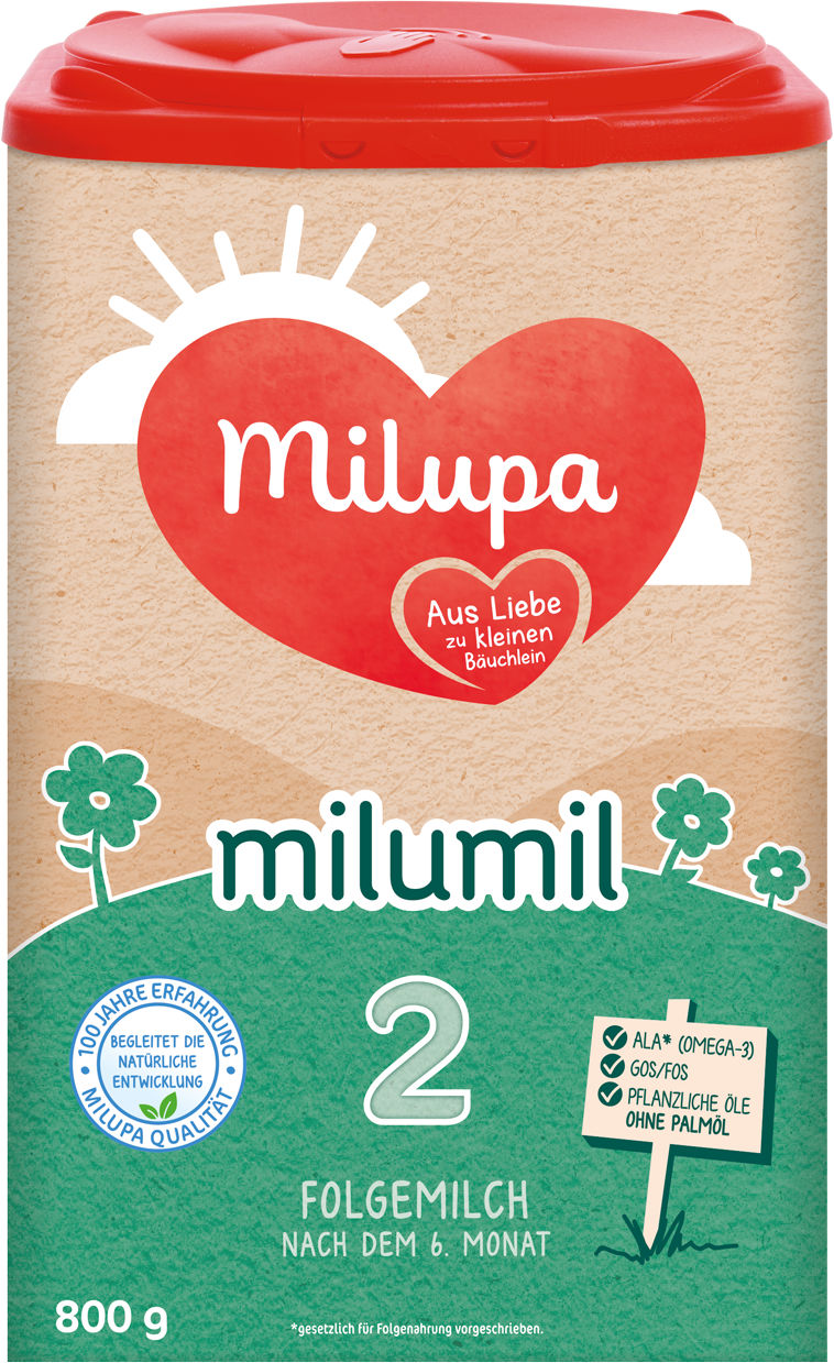 Milupa Milumil 2 Folgemilch ab dem 6. Monat in einer 800g-Packung mit roten Deckel und Produkthinweisen auf der Vorderseite.