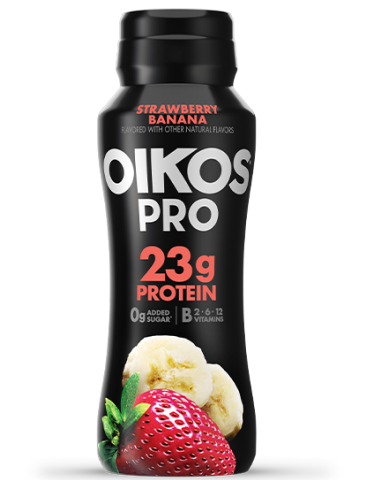 Bottle of Oikos Pro protein drink featuring strawberry banana flavor
