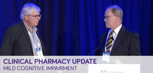 Two individuals are seen on stage during a professional conference. The event features a presentation titled 'Clinical Pharmacy Update' with a focus on mild cognitive impairment. The setting includes a blue curtain backdrop and microphones, suggesting a formal speaking engagement.