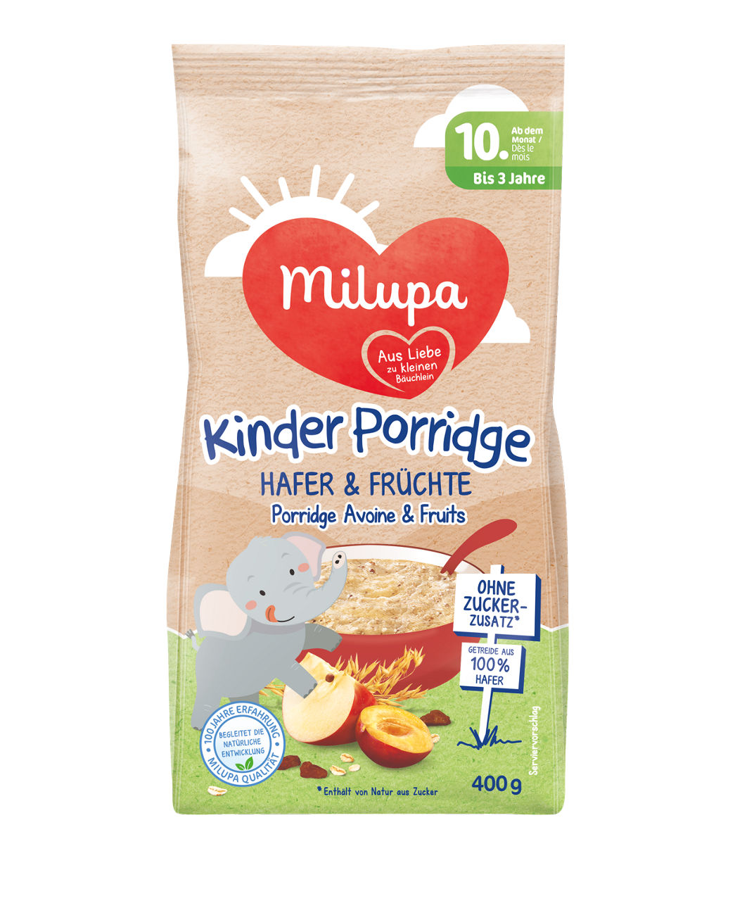 Milupa Packshot Kinder Porridge Hafer und Früchte ab dem 10 Monat bis 3 Jahre 400g AT