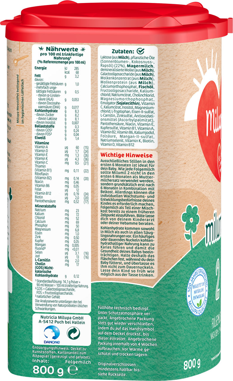 Milumil Packshot POF 2 Folgemilch 6 Monat 800g AT L