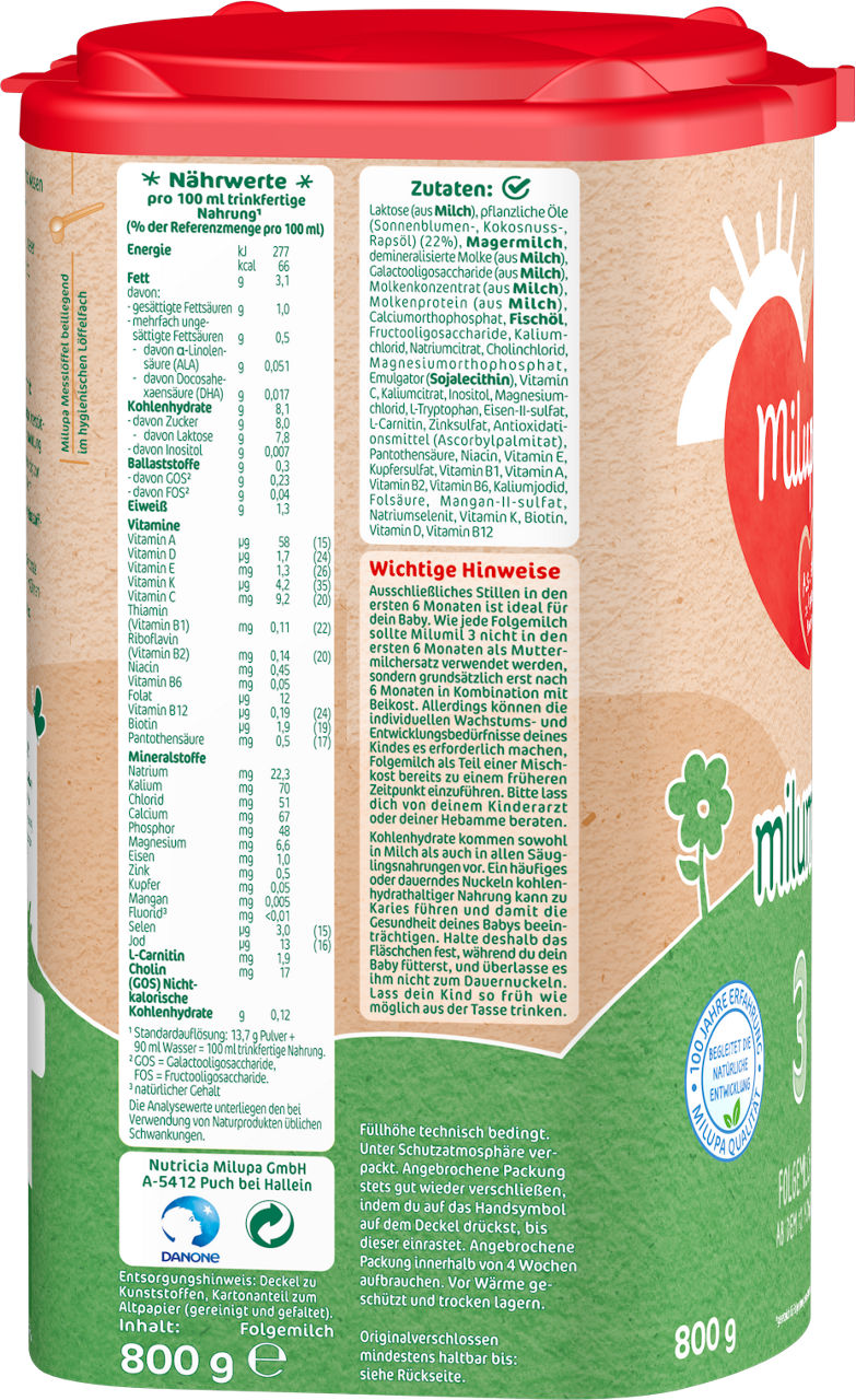 Milumil Packshot POF 3 Folgemilch 10 Monat 800g AT L