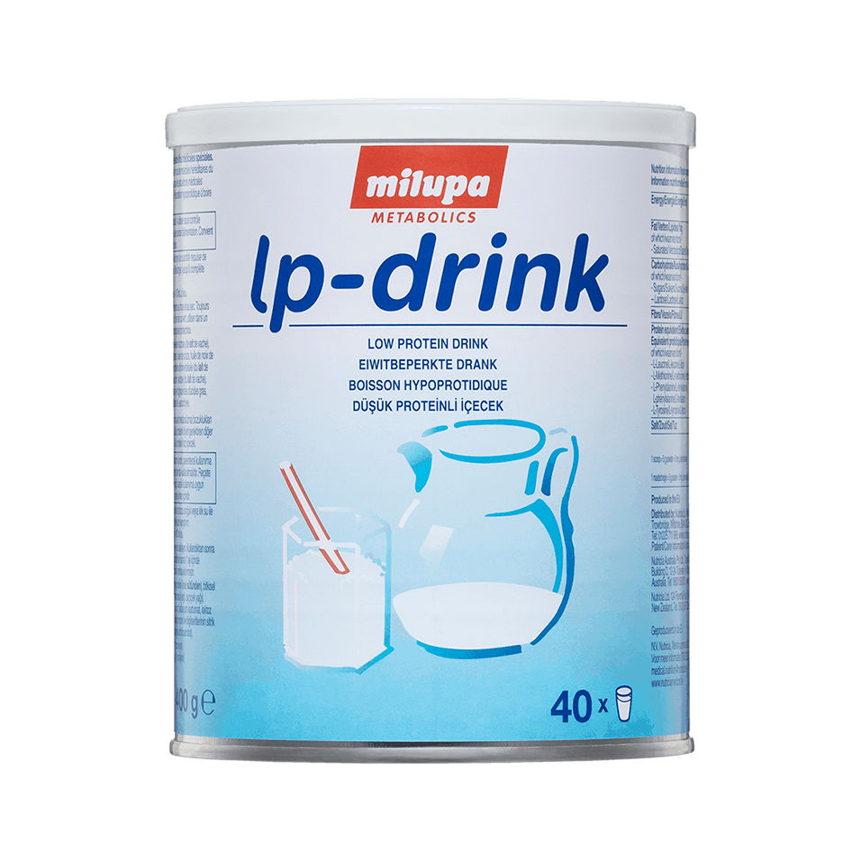 A Milupa Metabolics lp-drink canister featuring low protein drink powder. The packaging displays a glass with a straw and a jug illustration, emphasizing its use for beverages. Visible text includes '40 x' and '800 g', indicating serving size and weight.