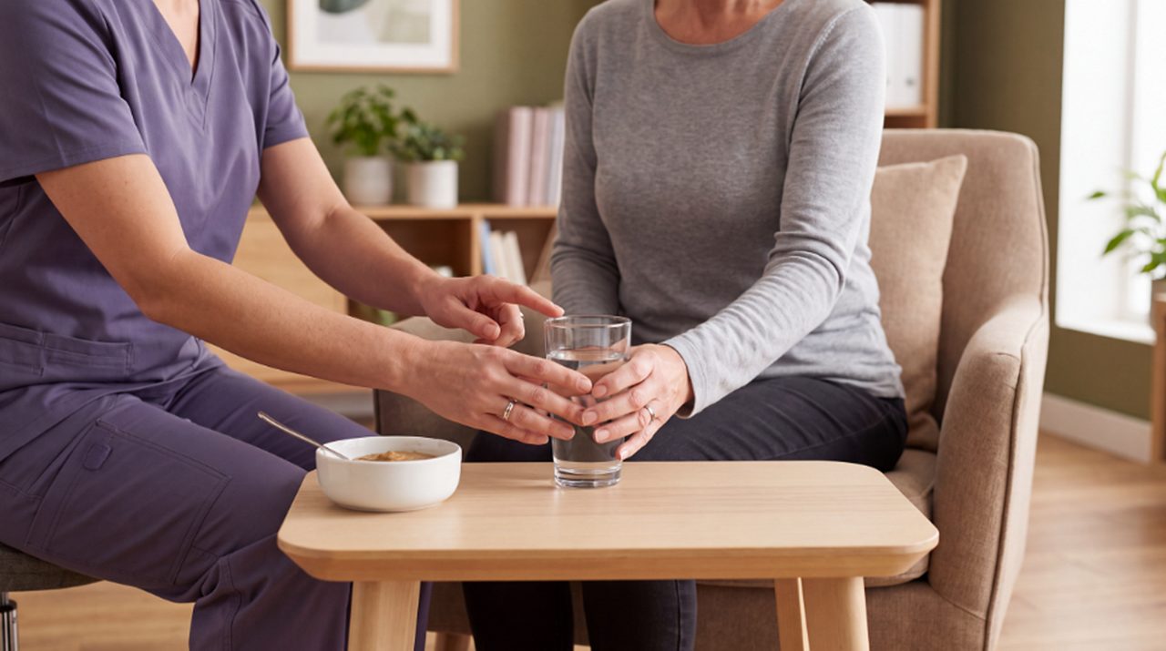 Al generated image of nurse encouraging female cancer patient to drink.