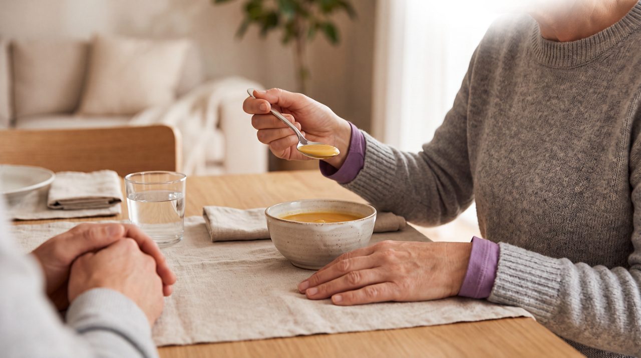 AI generated image if female cancer patient eating soup.
